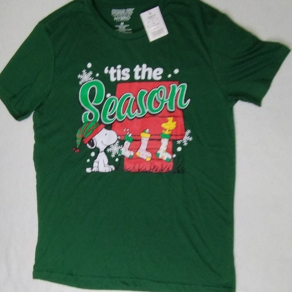 Peanuts 'Tis the Season Graphic Tee Holiday‎ Snoopy Woodstock Forest Green M